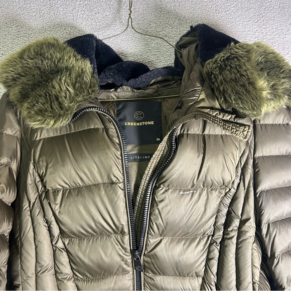Creenstone Long Puffer Coat Women’s 38 Olive Green 90% Duck Down Faux Fur Hood - Picture 5 of 14